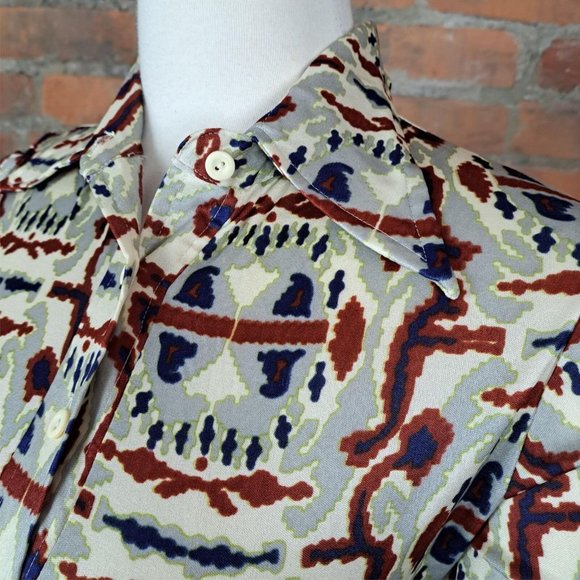 Vintage Bodysuit 1970s Retro Mod Gray Rust Ivory Print Pointy Collar Size L - Picture 2 of 6